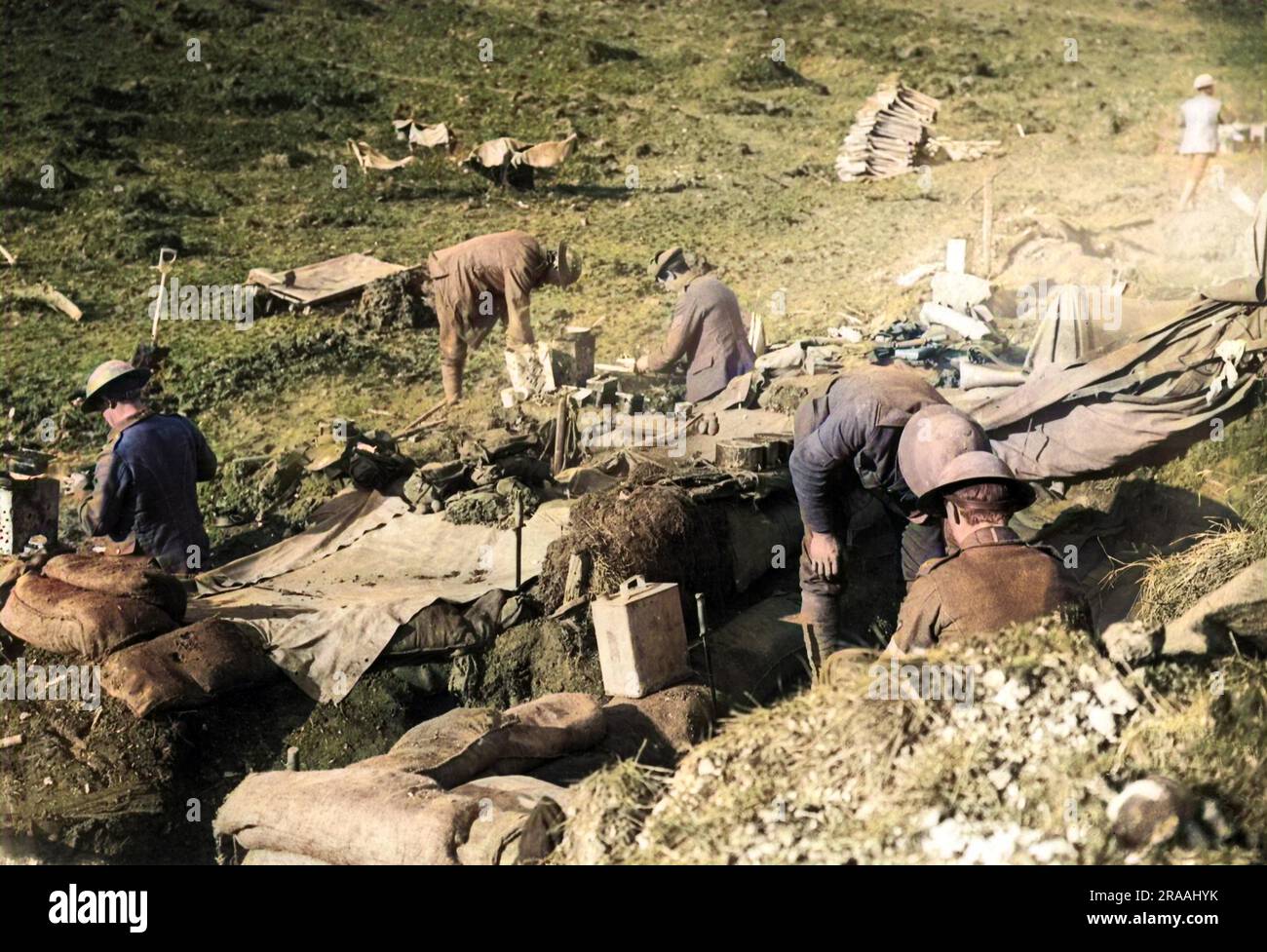 Soldati britannici che si accamparono sul fronte occidentale durante la prima guerra mondiale. Data: Circa 1916 Foto Stock