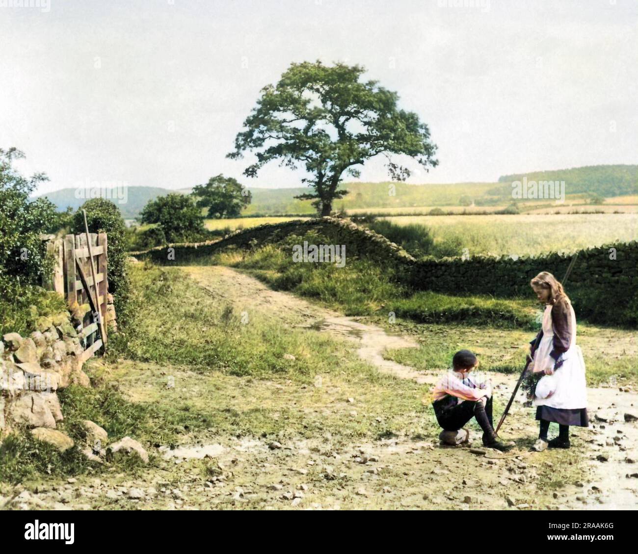 Bambini su una strada vicino a Hexham, Northumberland. Data: Fine Ottocento Foto Stock
