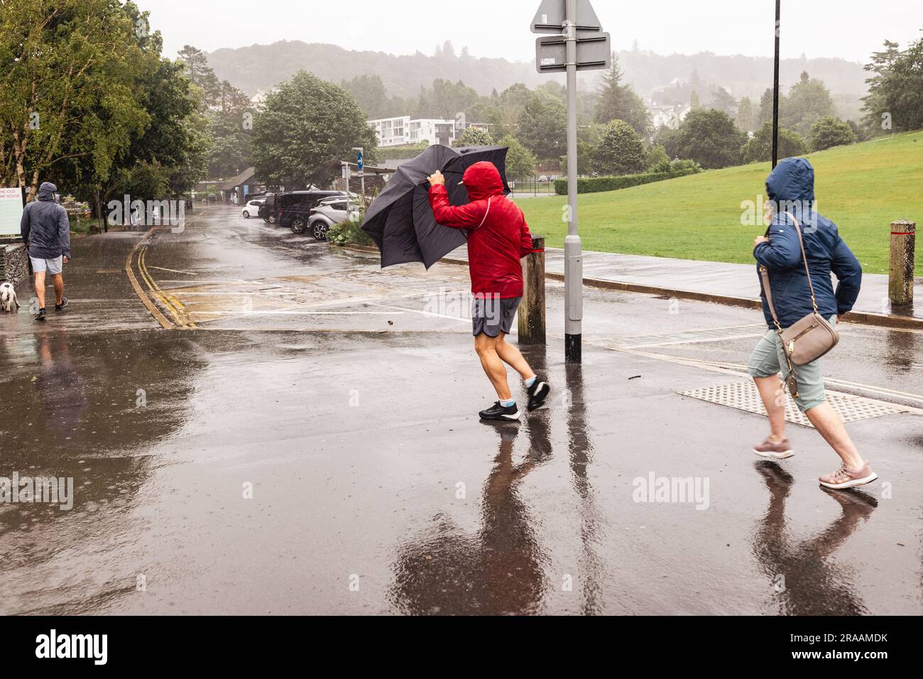 Cumbria, Regno Unito. 2 luglio 2023. Il tempo fa, improvvise e intense piogge, i turisti corrono al riparo mentre le oche del Canada si godono il tempo vicino al lago. Lake District . Bowness Bay on Lake Windermere Credit: Gordon Shoosmith/Alamy Live News Foto Stock