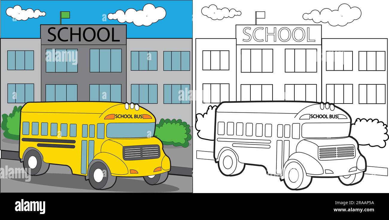 Pagina da colorare di una School Bus in stile americano. Illustrazione per la pagina da colorare per bambini Illustrazione Vettoriale
