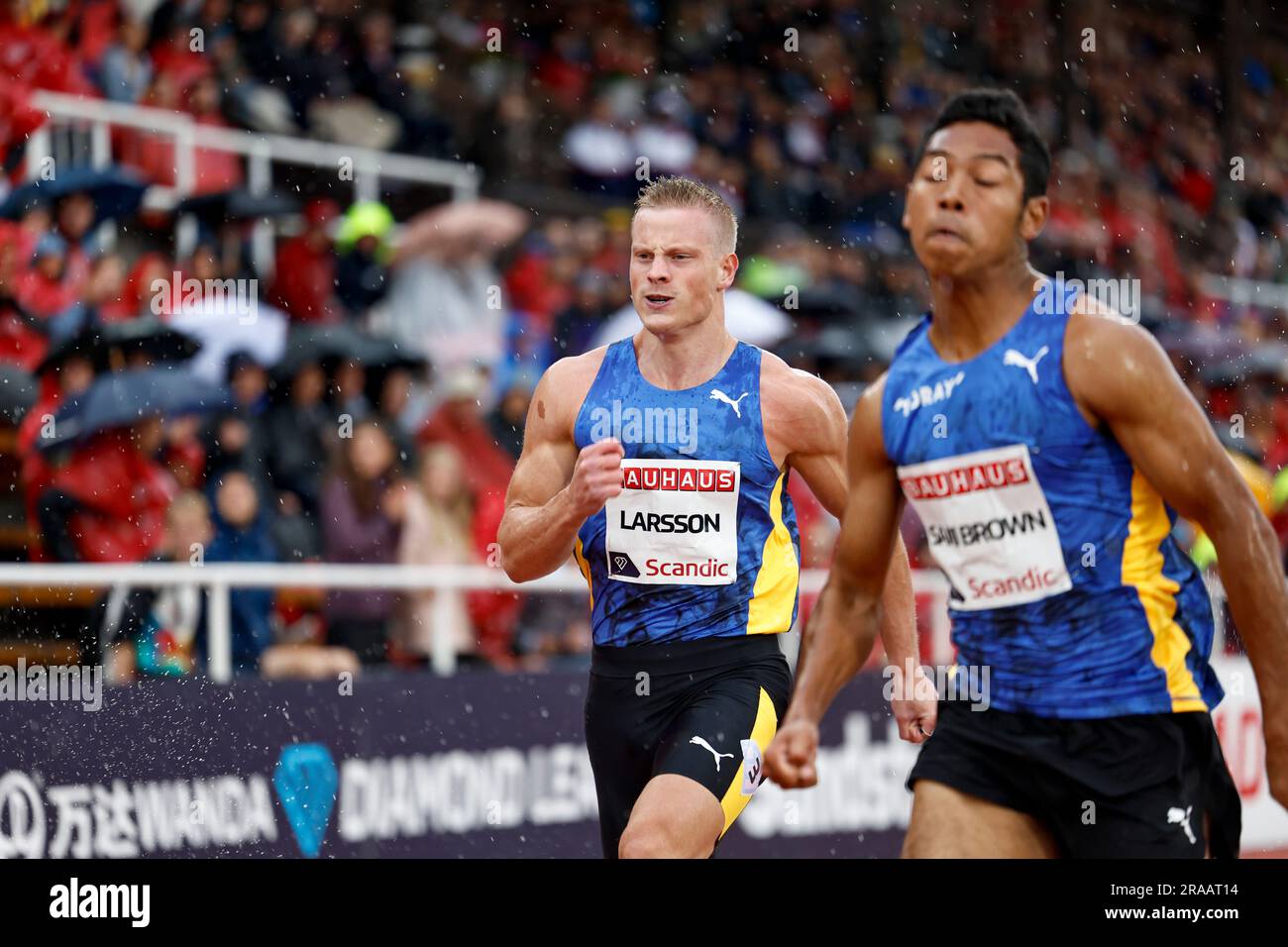 La svedese Henrik Larsson e il giapponese Abdul Hakim sani Brown, uomini 100m durante il gala della Diamond League a Stoccolma, Svezia, domenica 2 luglio 2023.pH Foto Stock
