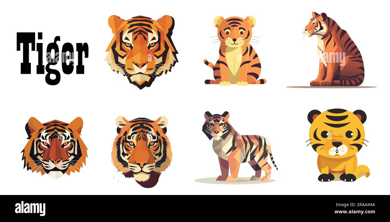 Una serie di illustrazioni vettoriali Flat Tiger Illustrazione Vettoriale