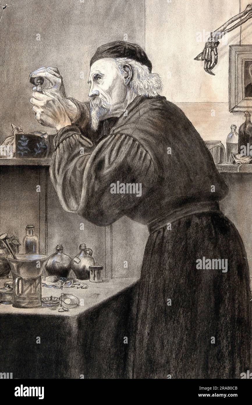 Un chimico in un tappo di smokock e cranio versando un liquido da una bottiglia. Il ripiano e la tavola contengono fiale, un mortaio, imbuti e disegni botanici. Il braccio di uno scheletro scende dall'angolo in alto a destra e abbraccia il ritratto di una giovane donna, riproduzione storica, restaurata digitalmente da un originale del 19th ° secolo / Ein Chemiker im Kittel und mit Totenkopfmütze, der eine Flüssigkeit aus einer Flasche ausgießt. Das Regal und der Tisch enthalten Fläschchen, einen Mörser, Trichter und botanische Zeichnungen. Der Arm eines Skeletts streckt sich von der rechten oberen Ecke herab und umschli Foto Stock