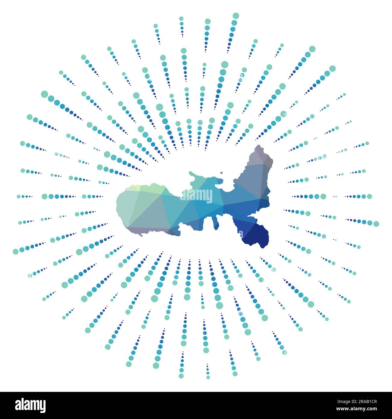 Forma dell'Elba, scoppio solare poligonale. Mappa dell'isola con raggi stellari colorati. Illustrazione dell'Elba in digitale, tecnologia, Internet, stile di rete. Illustrazione Vettoriale