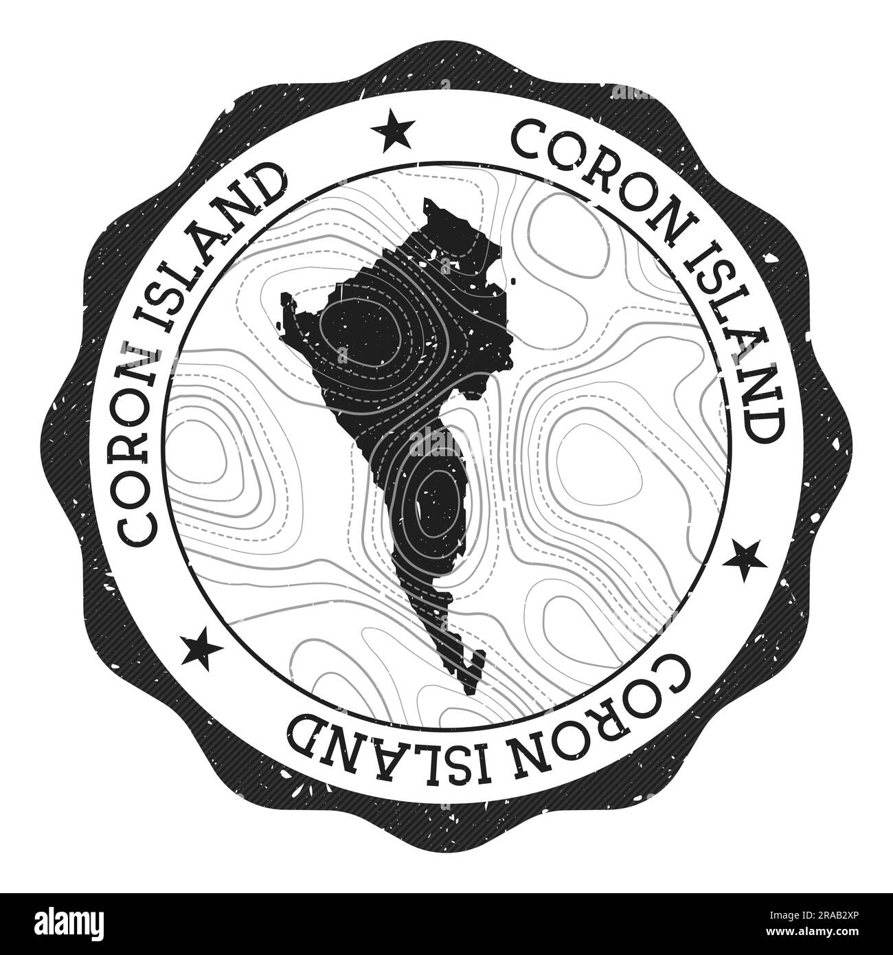 Francobollo all'aperto di Coron Island. Adesivo rotondo con mappa con isolinee topografiche. Illustrazione vettoriale. Illustrazione Vettoriale