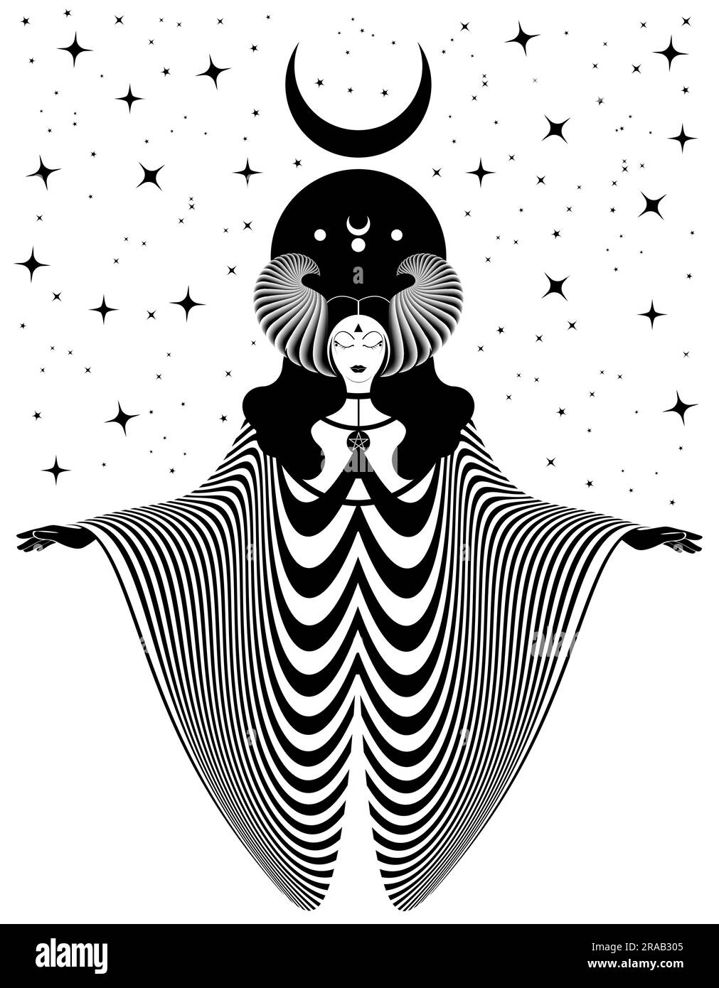 Magica dea celtica, sacerdotessa. Bella fata con corna e abito lungo. Gotico wiccan witch design sacro femminile, magica luna nera. Vettore Illustrazione Vettoriale