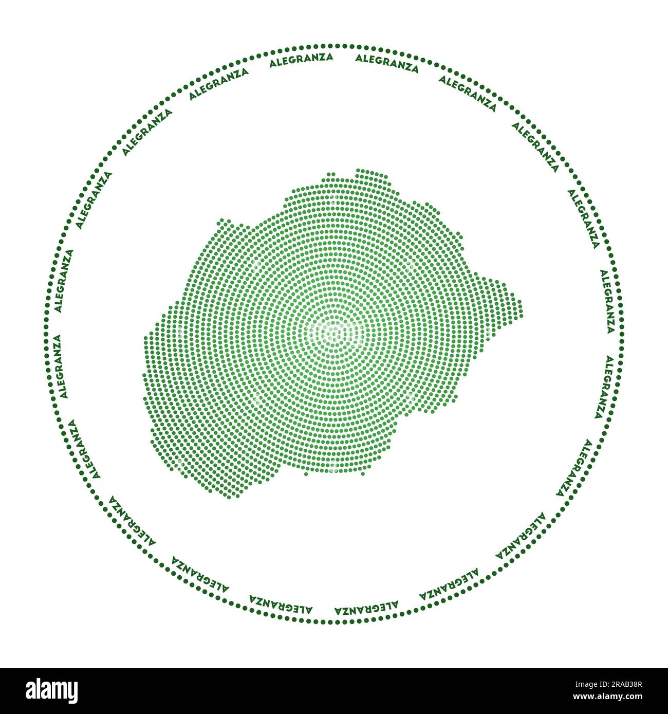 Logo rotondo Alegranza. Forma in stile digitale di Alegranza in cerchio punteggiato con il nome dell'isola. Icona tecnologica dell'isola con punti graduati. Illustrazione Vettoriale