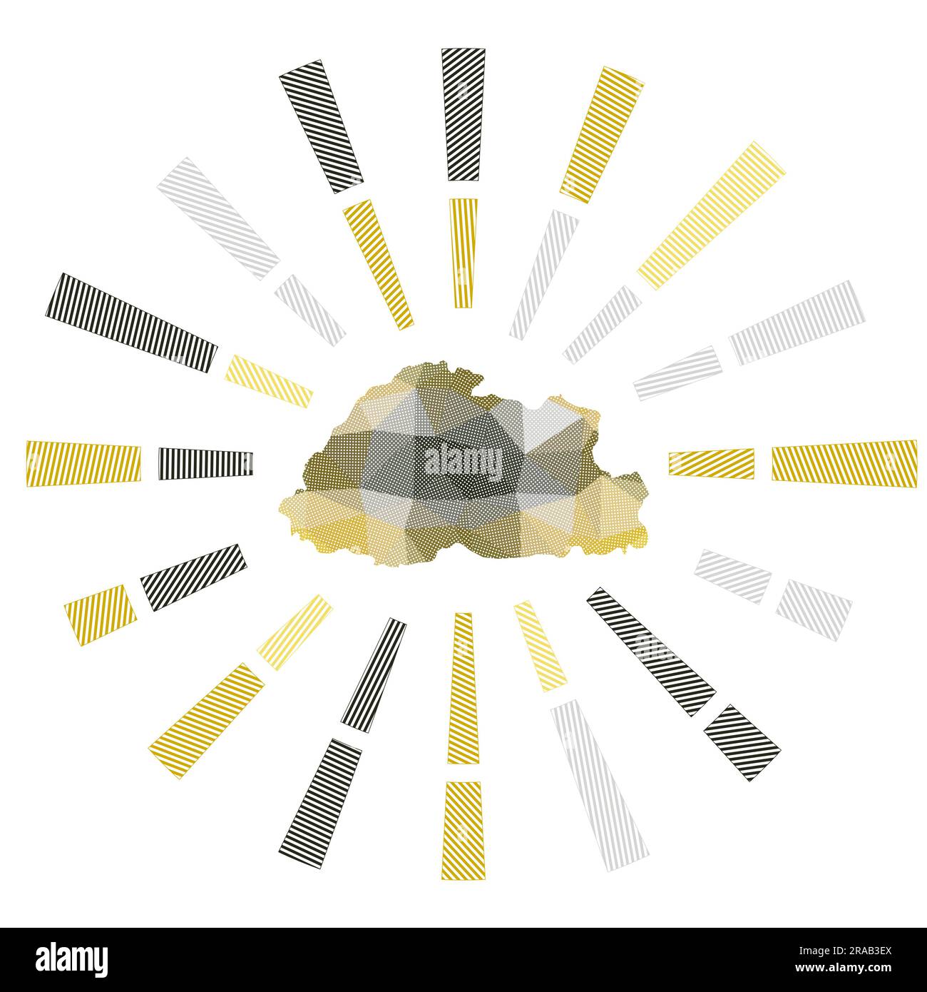 Bhutan Sunburst. Razze a righe basse e mappa del paese. Accattivante illustrazione vettoriale. Illustrazione Vettoriale