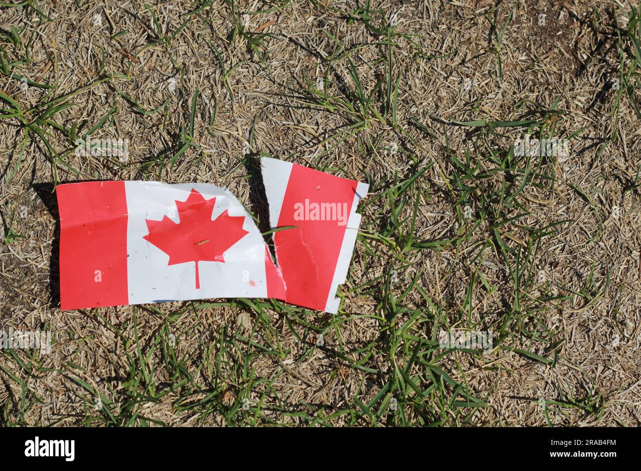 Bandiera post Canada Day strappata e calpestata. Foto Stock