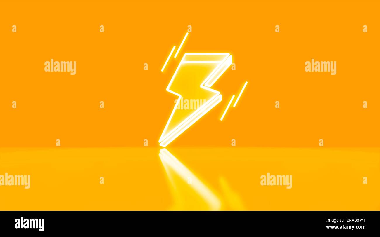 Icona del fulmine al neon. Simbolo luminoso del fulmine al neon. Rendering 3D. Foto Stock
