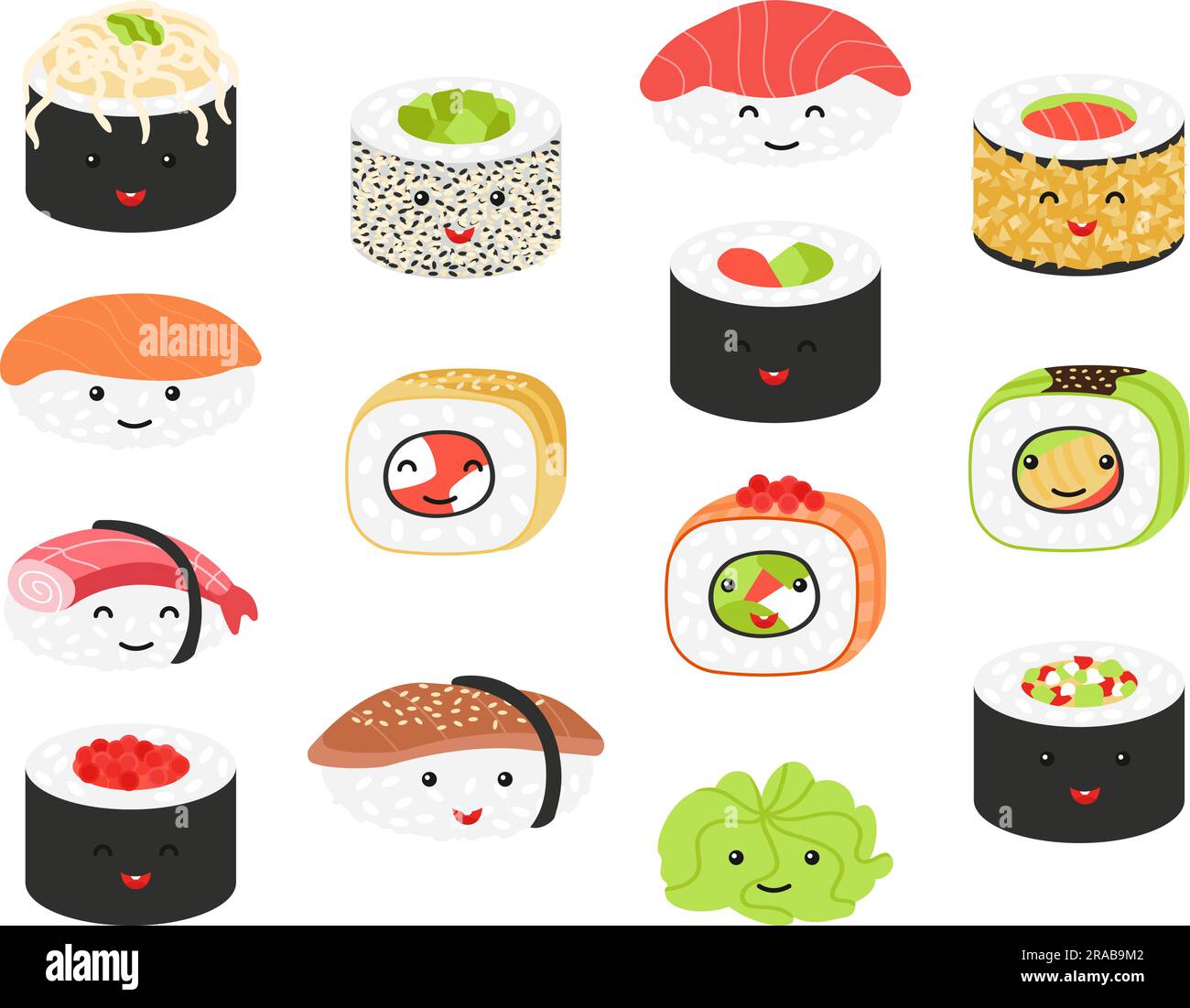Personaggi sushi in stile kawaii. Cibo giapponese delizioso carattere carino, involtini felici con salmone, riso e verdure. Cucina asiatica vettoriale decente Illustrazione Vettoriale