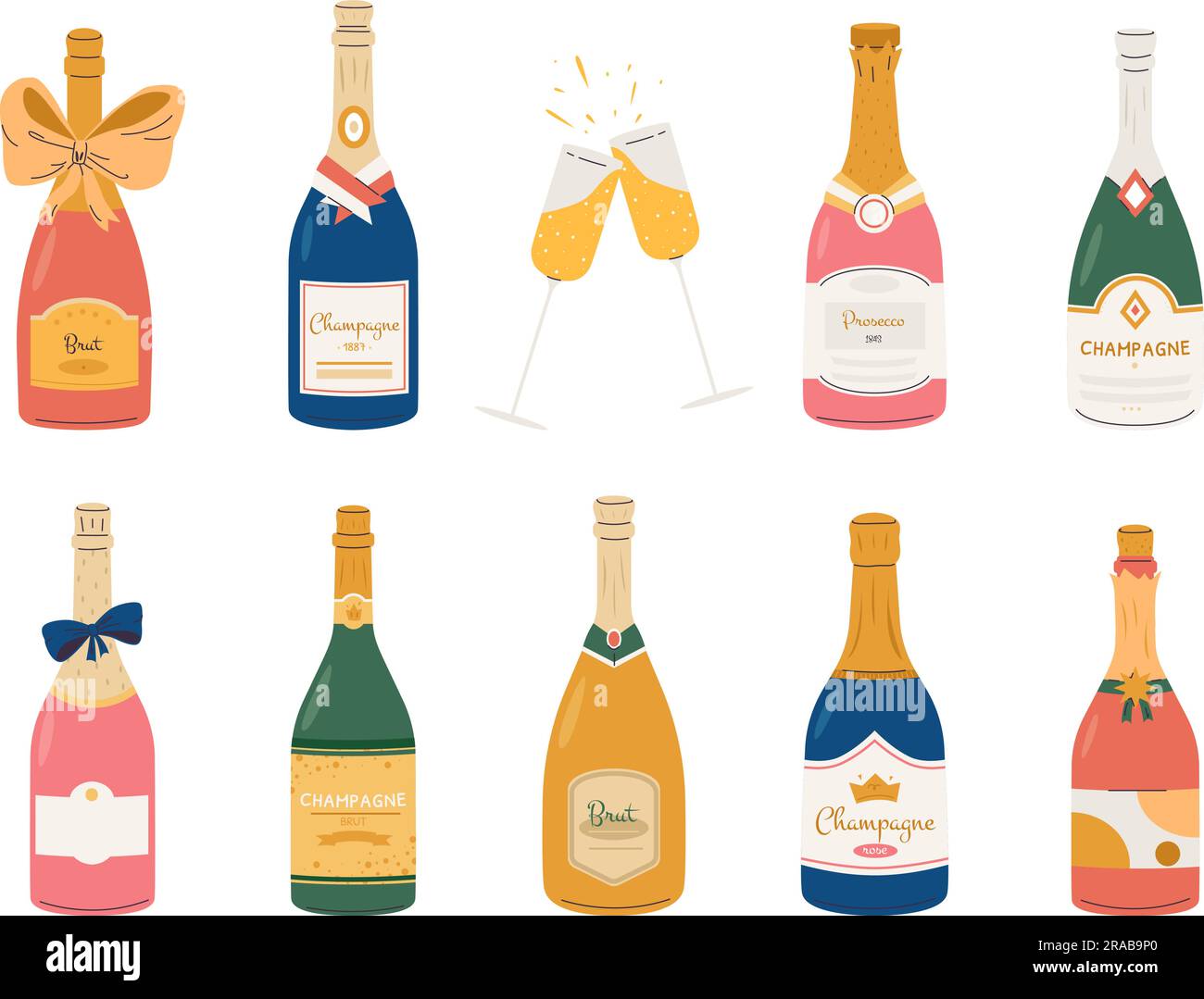 Bottiglie di vino scintillante, bottiglia di champagne per le festività e erbe. Drink per la festa di Capodanno. Brut, bevande alcoliche a base di prosecco. Festeggia il vettore in modo aderente Illustrazione Vettoriale