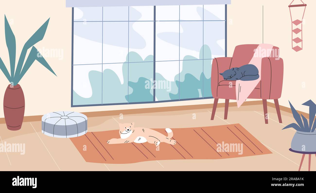 I gatti si rilassano in camera. Area soggiorno interna, area relax con mobili e gattini. Decorazione domestica, scena vettoriale all'interno degli appartamenti Illustrazione Vettoriale