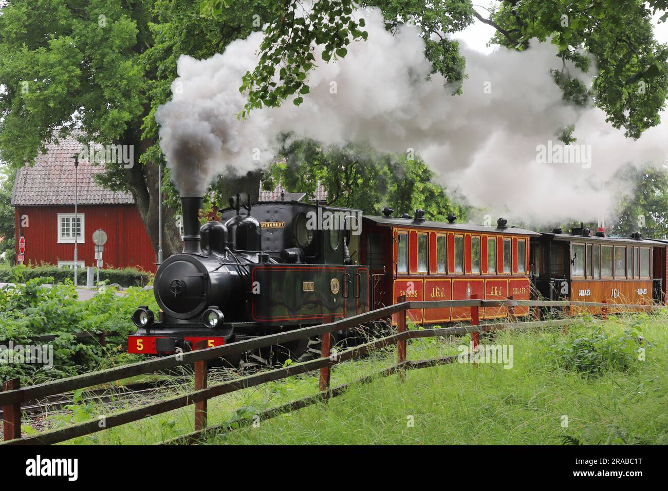 Vecchio treno a vapore a scartamento ridotto presso il museo ferroviario Ostra Sodermanland situato a Mariefred, Svezia. Foto Stock