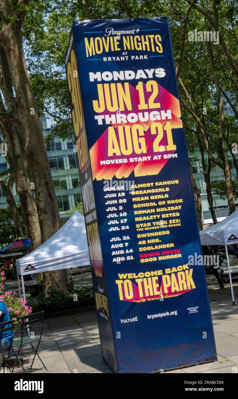 Bryant Park è un'oasi urbana pubblica a Midtown Manhattan, 2023, New York, Stati Uniti Foto Stock