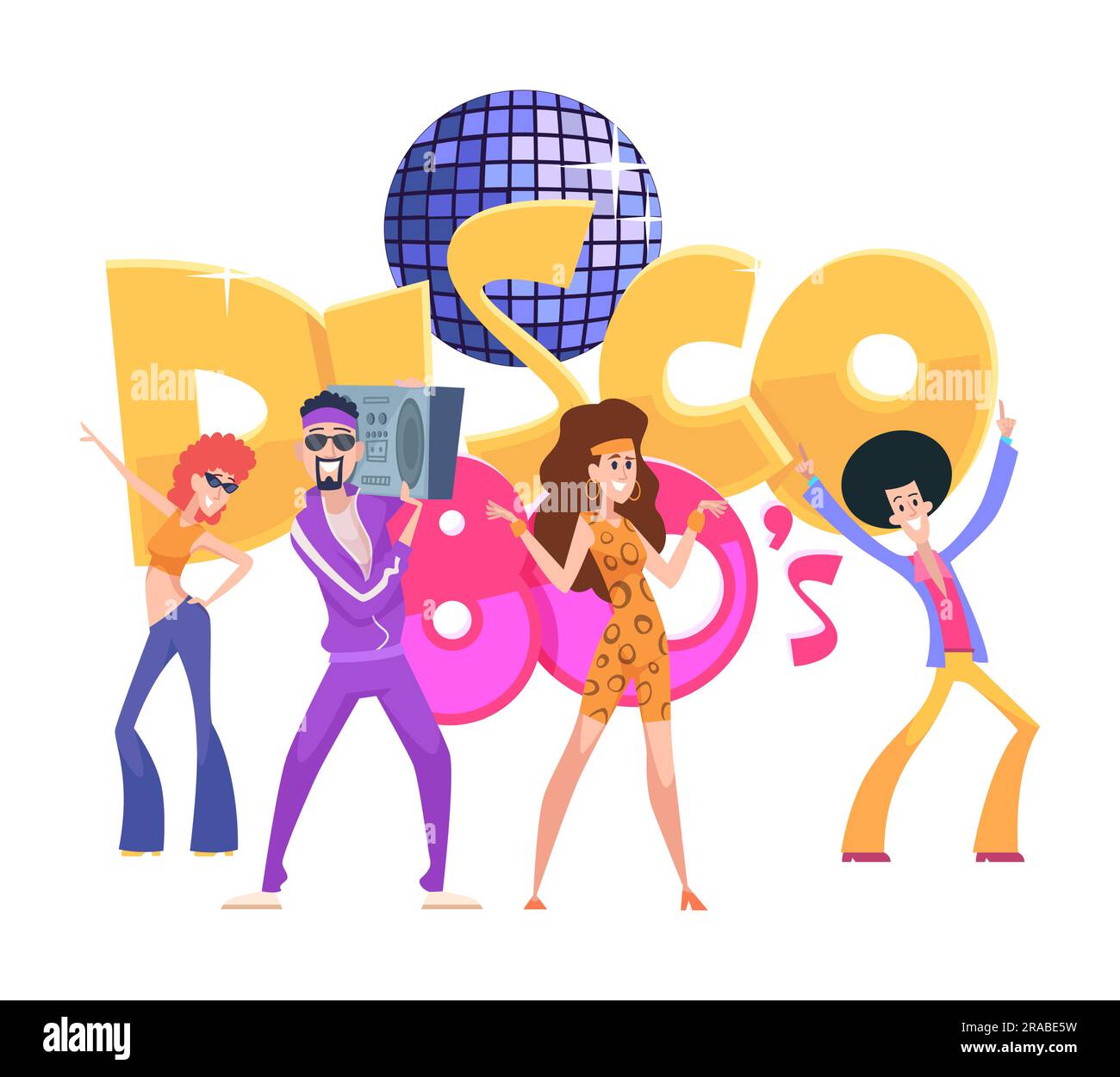 Personaggi disco. simpatici personaggi dei cartoni animati in abiti da ballo in stile anni '80 Illustrazione Vettoriale