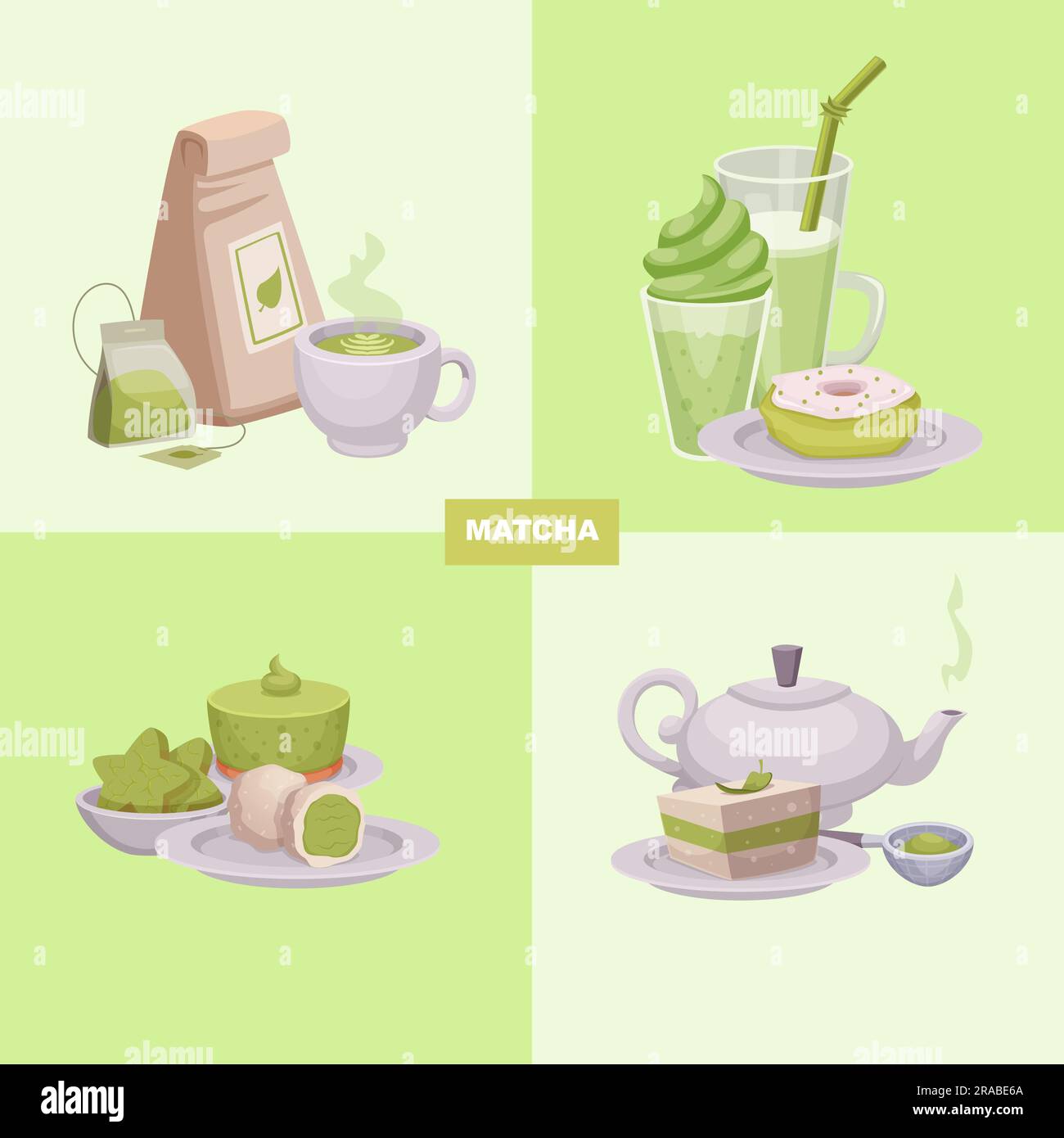 Prodotti Matcha. Vari cibi verdi liquidi frullati dolci gustosi tè caldo Illustrazione Vettoriale