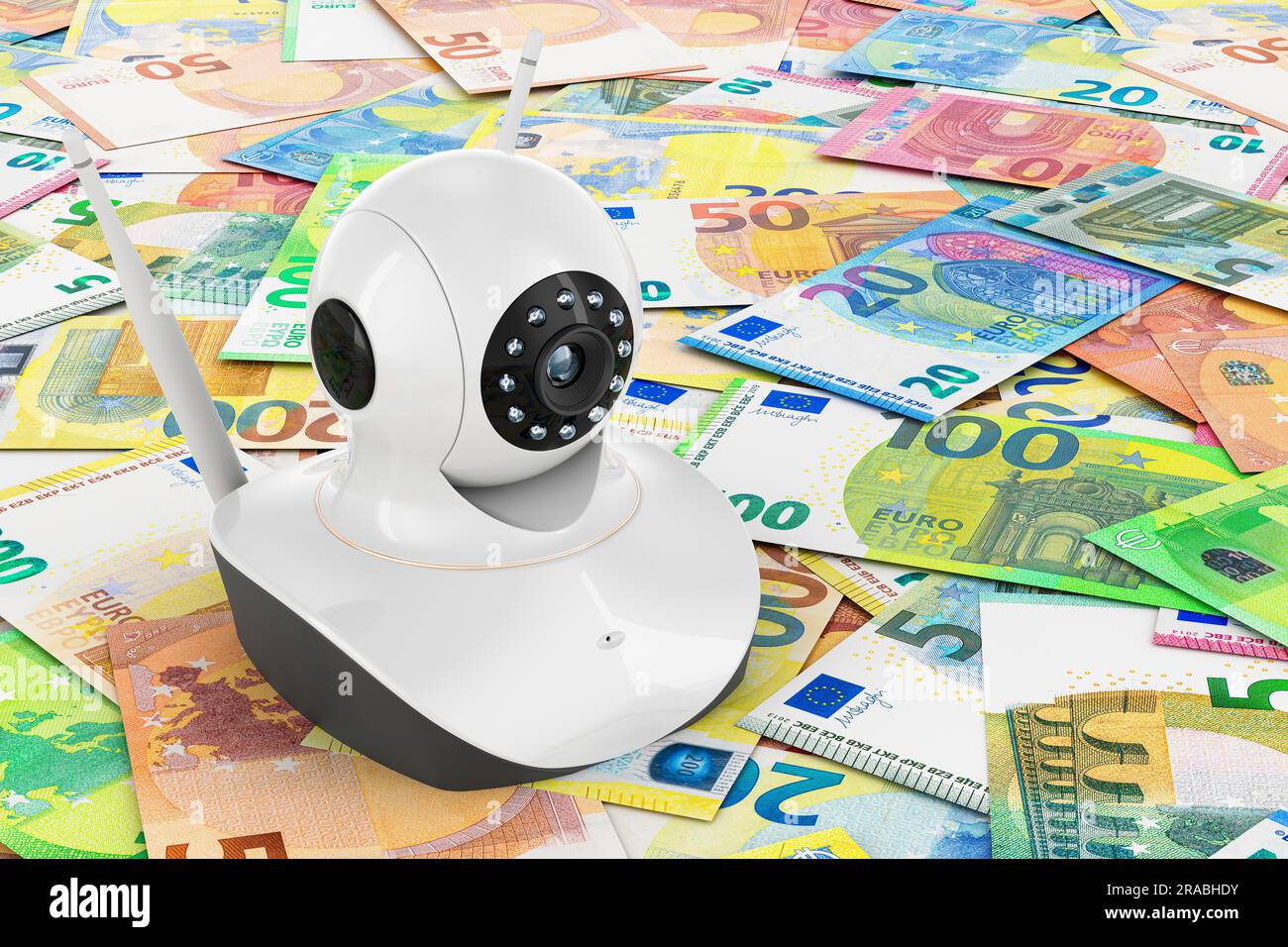Telecamera Internet Protocol sullo sfondo dell'euro, rendering 3D. Foto Stock