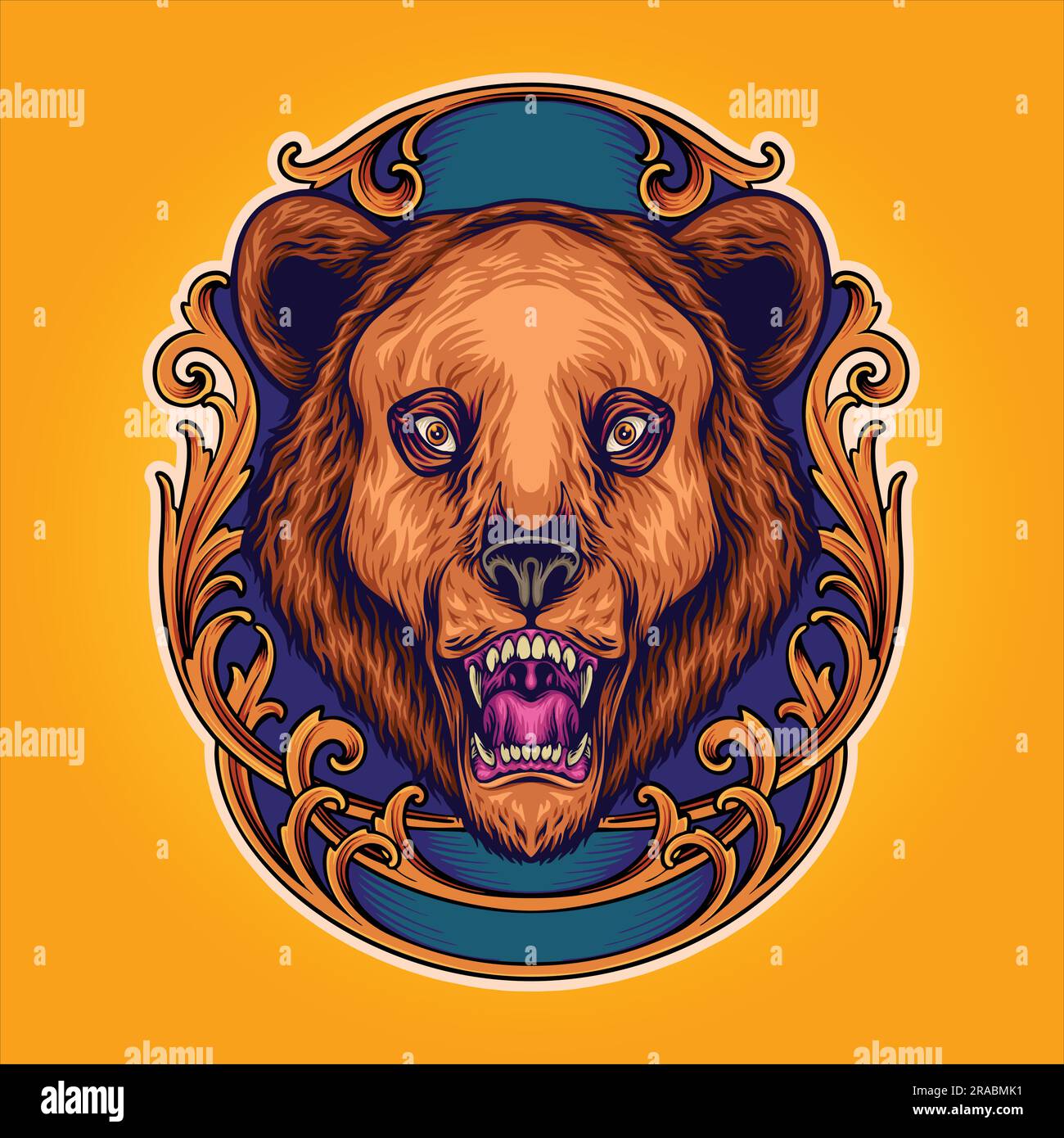 Testa di orso grizzly selvaggio con cornici ornamentali incise illustrazioni vettoriali per il logo del tuo lavoro, t-shirt di merchandisse, adesivi e disegni di etichette, poster, gr Illustrazione Vettoriale