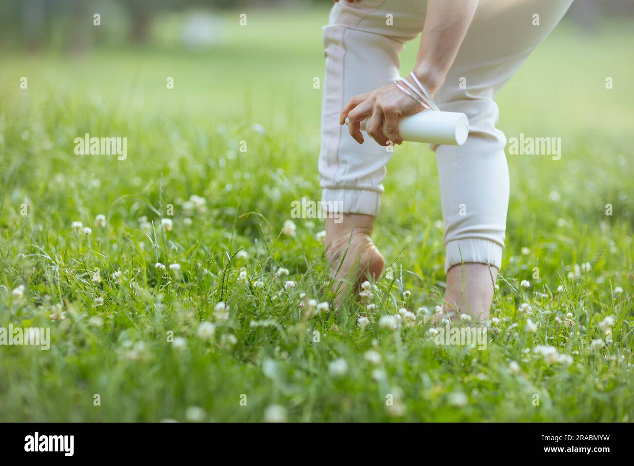 Ora legale. Primo piano su una donna che usa spray insetticida nel prato all'aperto in natura. Foto Stock