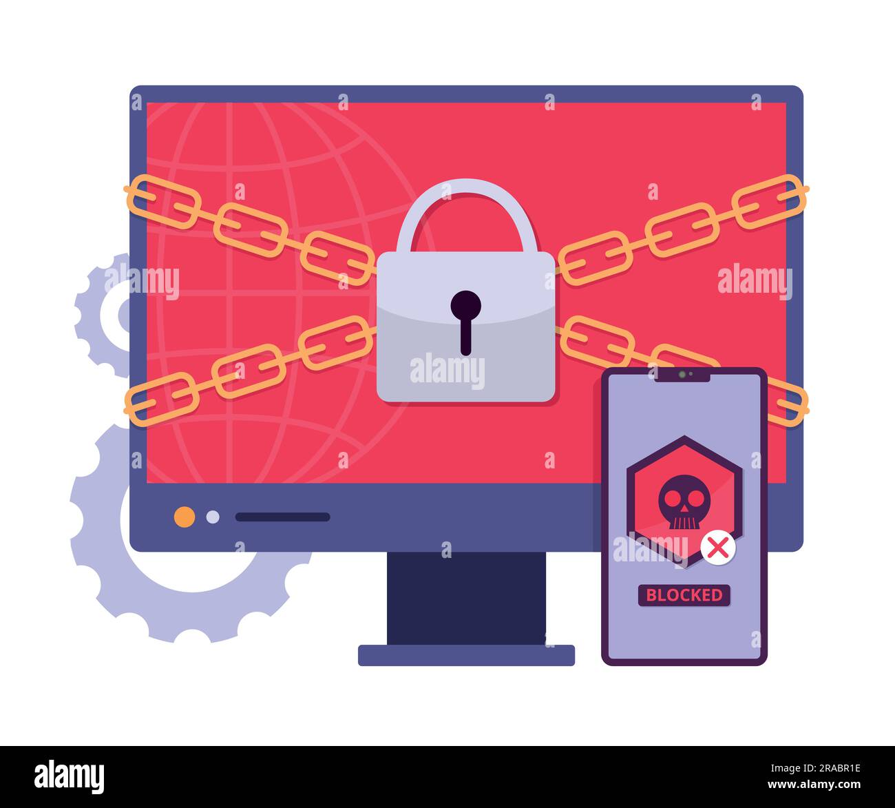 Illustrazione del concetto di computer e smartphone per attacco ransomware per Cyber Crime Illustrazione Vettoriale