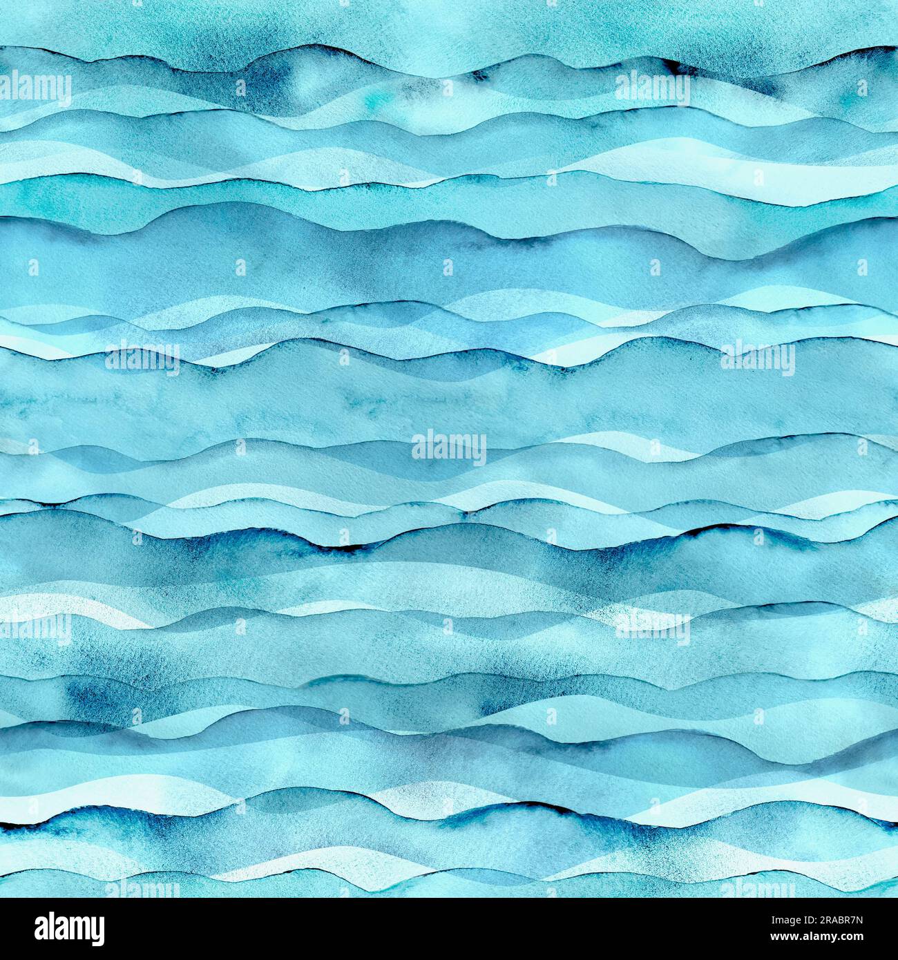 Acquerello astratto blu ottanio trasparente con motivo ondulato di colore turchese sfondo senza cuciture. Illustrazione delle onde dipinte a mano ad acquerello. Stampa per t Foto Stock