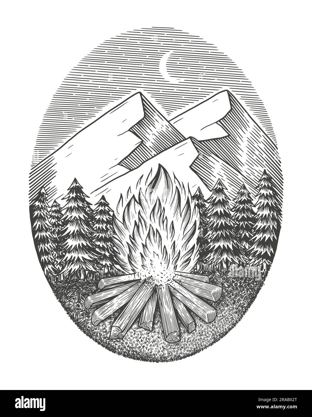 Falò da campeggio disegnato a mano. con la montagna e la foresta. stile di incisione con illustrazioni di badge vettoriali vintage Illustrazione Vettoriale