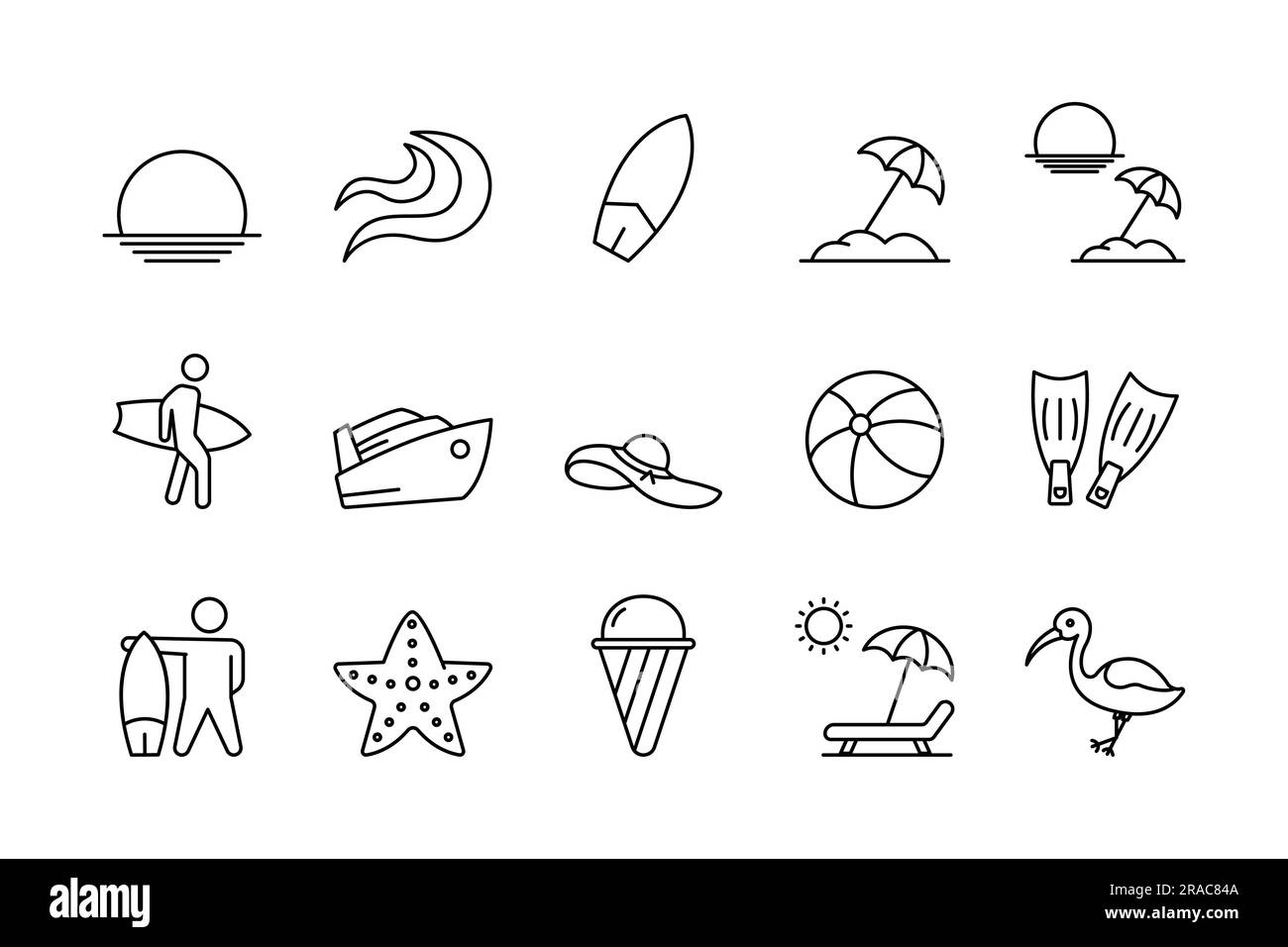 Icona set estivo. Contiene l'icona del tramonto, l'alba, le onde, le tavole da surf, gli ombrelloni, surf, lettini e molto altro. Design stile icona di linea. Semplice V Illustrazione Vettoriale