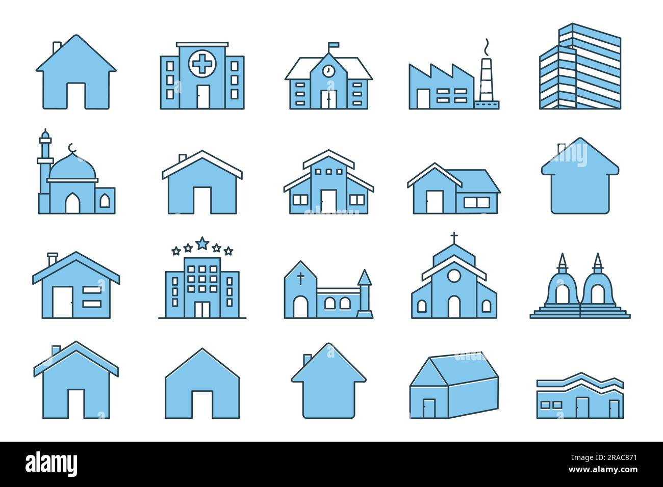 Icona del set di costruzione. Contiene icona della casa, casa, ospedale, edificio per uffici, hotel, fabbrica, scuola, moschea, chiesa e molto altro ancora. Design a icone a linea piatta. Illustrazione Vettoriale