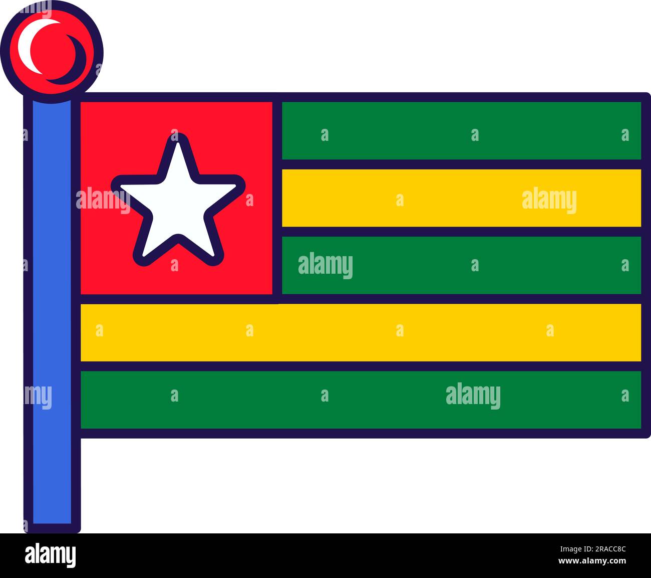 Bandiera nazionale della repubblica del Togo sul vettore di bandiera. Bande orizzontali di campo verde, giallo e rosso con stella bianca sul togo simbolo ufficiale di inde Illustrazione Vettoriale
