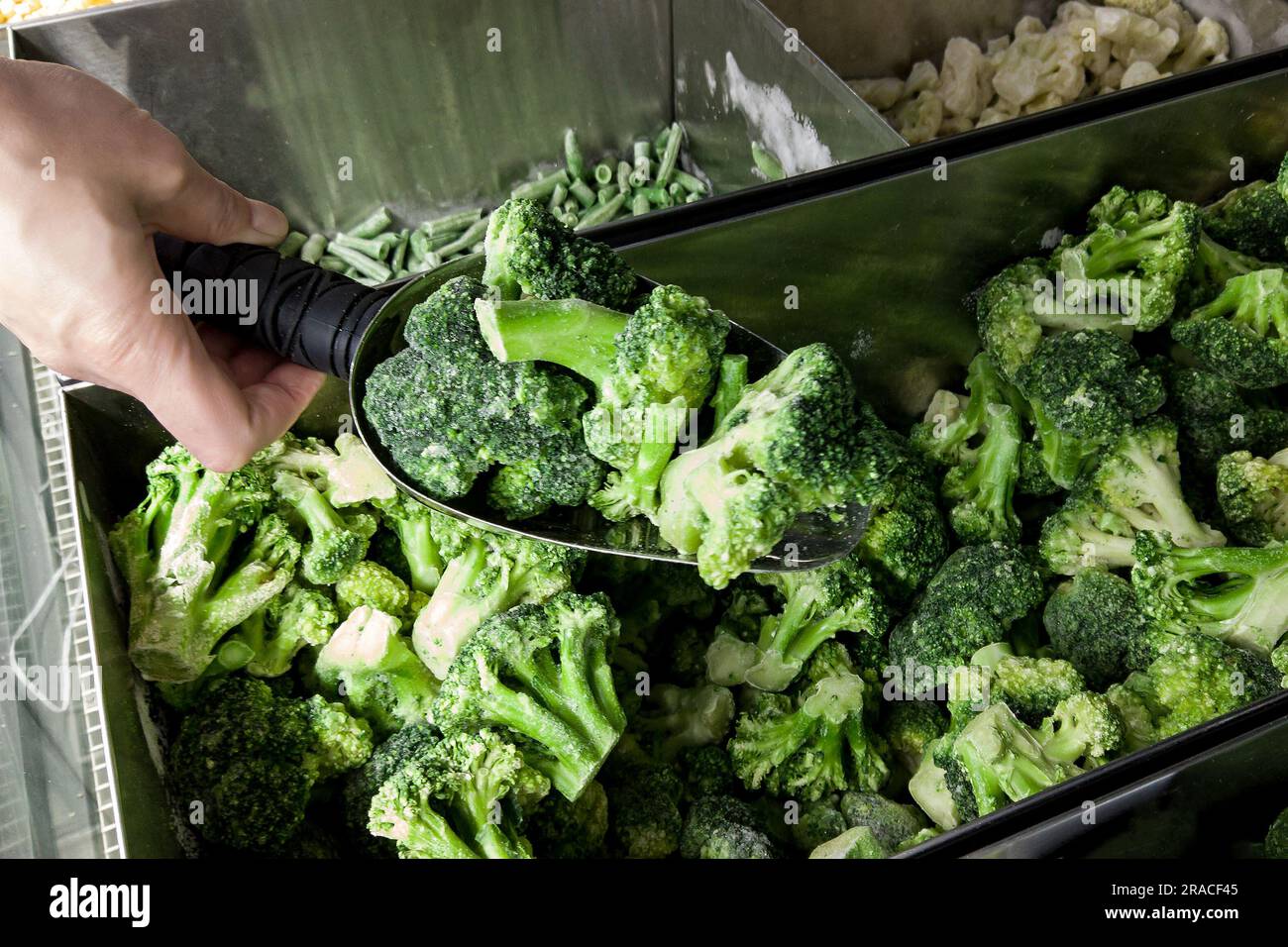Broccoli surgelati nel frigo del negozio. Paletta per la mano femminile con broccoli nel supermercato Foto Stock