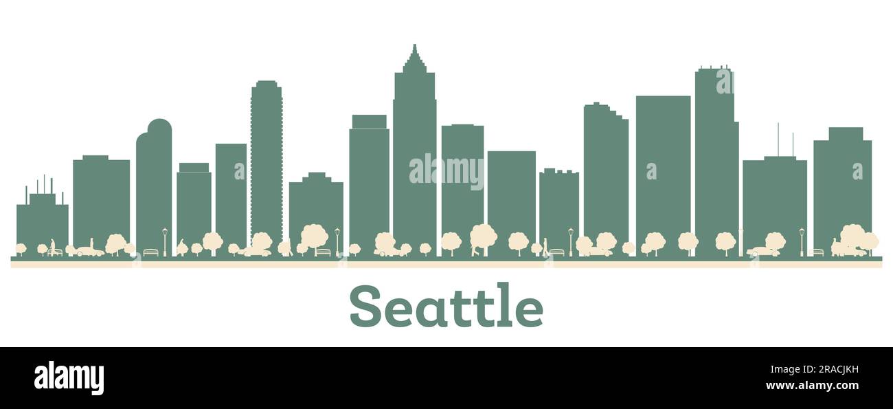 Profilo astratto della città di Seattle con edifici a colori. Illustrazione vettoriale. Business Travel and Tourism Concept con edifici moderni. Illustrazione Vettoriale