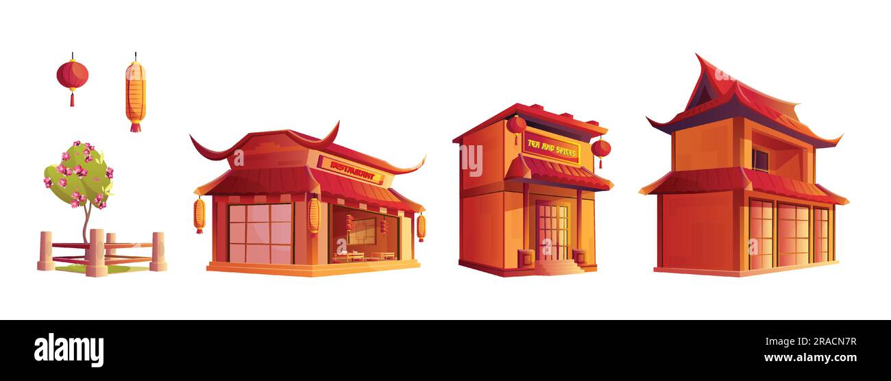 Edificio con ristorante in via Cinese per il posto cittadino. Cartoon japan Shop e asian District Cityscape isolata collezione di decorazioni d'epoca per l'esterno del paesaggio urbano. Chiosco storico Illustrazione Vettoriale