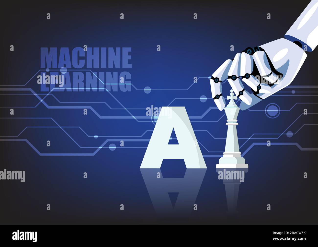 La mano del robot sposta il pezzo degli scacchi. Concetto di apprendimento automatico. Intelligenza artificiale. Illustrazione vettoriale Illustrazione Vettoriale