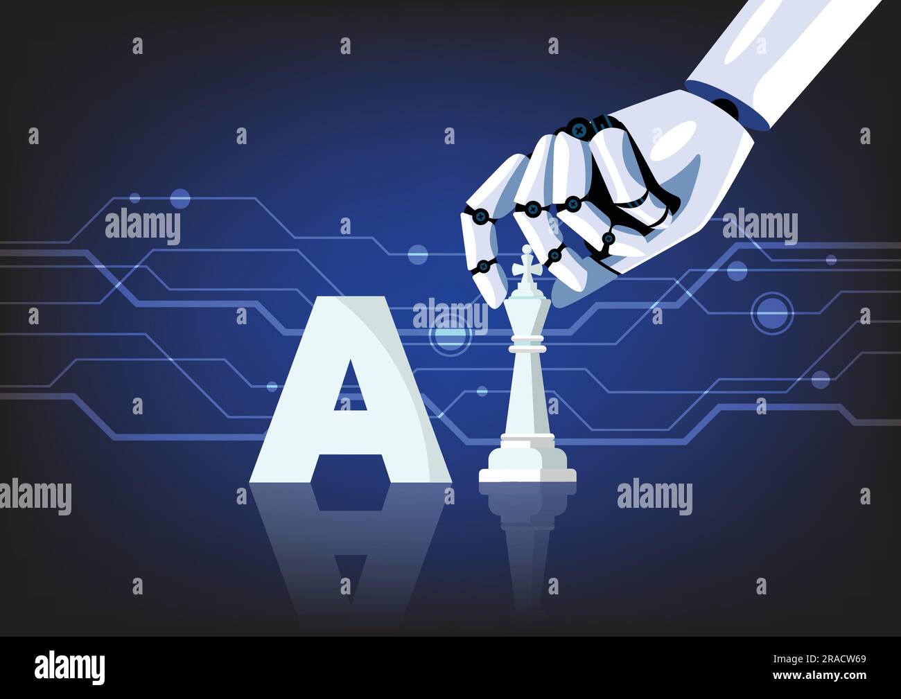 Concetto di business per l'apprendimento automatico dell'intelligenza artificiale. La mano del robot sposta il pezzo degli scacchi. Concetto di apprendimento automatico. Intelligenza artificiale. Illustrazione vettoriale Illustrazione Vettoriale