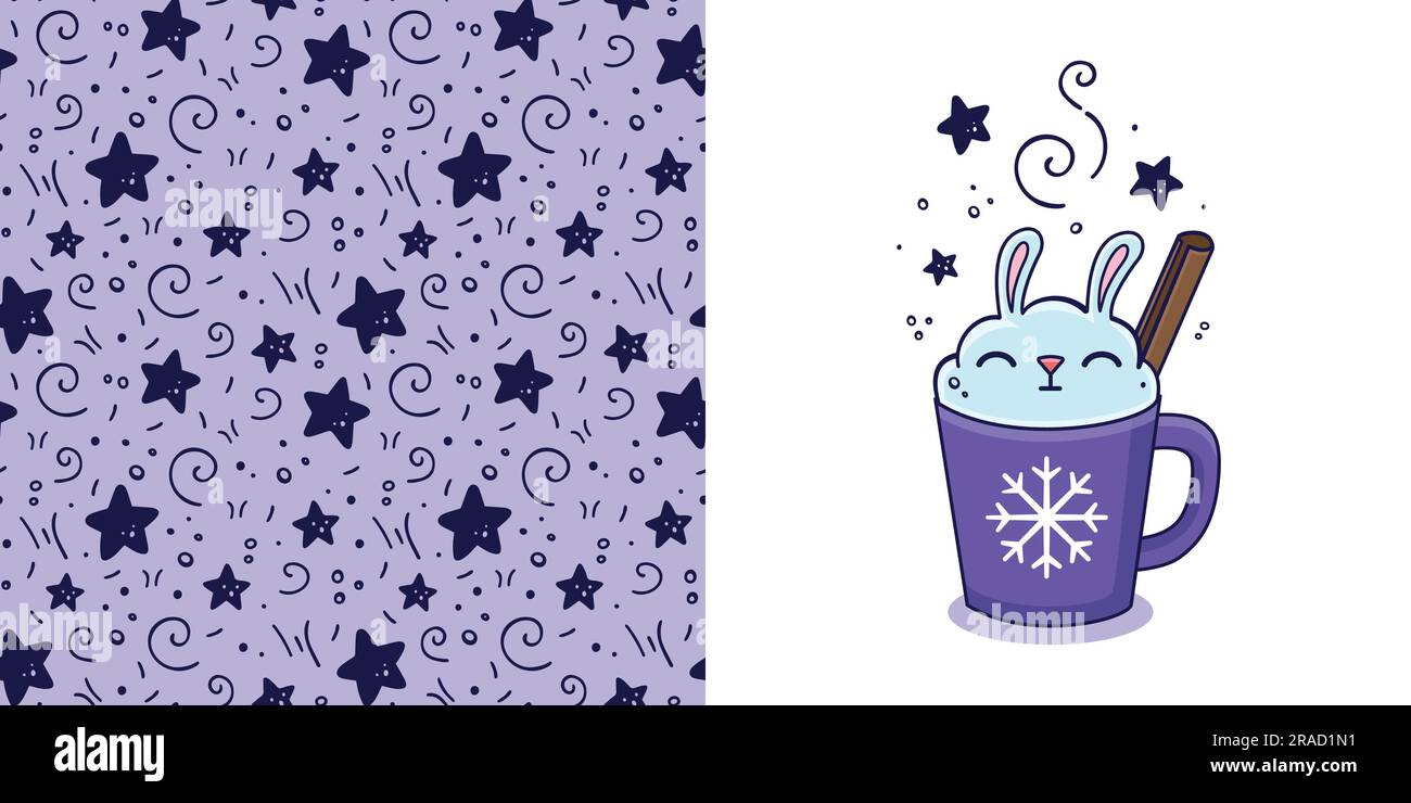 Bevanda natalizia disegnata a mano con coniglio di marshmallow, cannella in stile doodle per disegnare abiti per bambini. Cartolina con bevanda calda invernale e motivo senza cuciture. Illustrazione vettoriale. Illustrazione Vettoriale