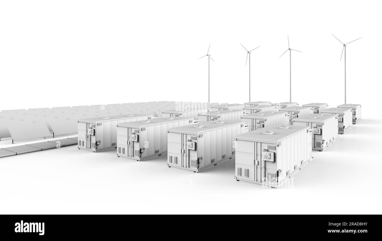 3d quantità di produzione di sistemi di stoccaggio di energia o unità di contenitori di batteria con impianti solari e turbine Foto Stock