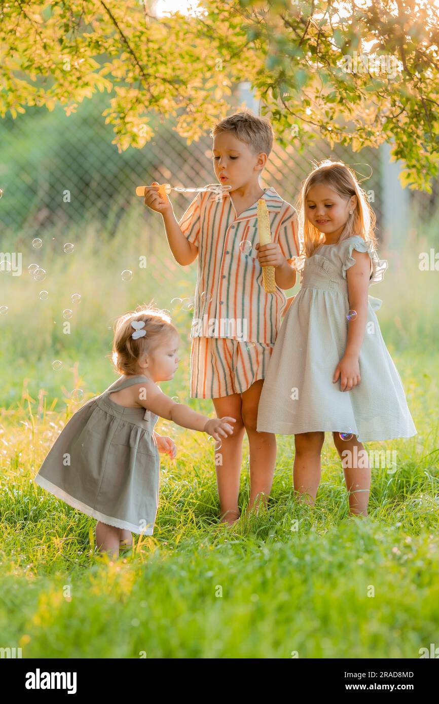 tre bambini piccoli che soffiano bolle di sapone in estate al tramonto in un parco vicino a un albero, spazio per il testo. Foto di alta qualità Foto Stock