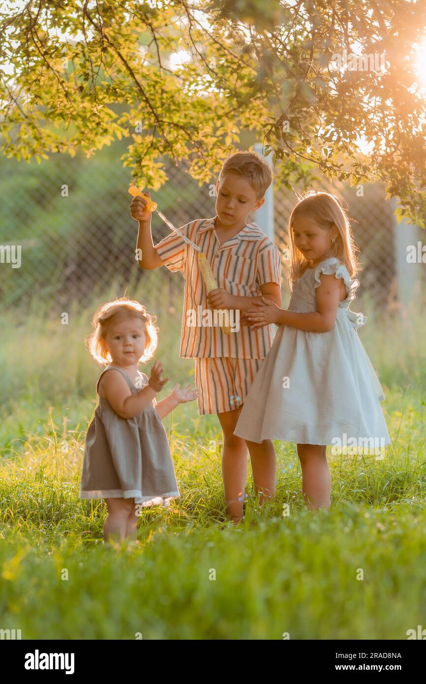 tre bambini piccoli che soffiano bolle di sapone in estate al tramonto in un parco vicino a un albero, spazio per il testo. Foto di alta qualità Foto Stock