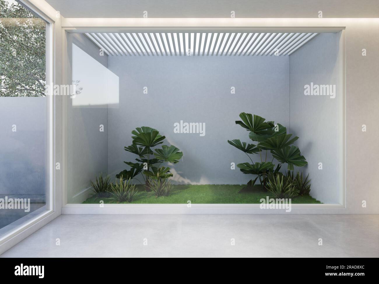 interno minimalista della stanza vuota con base bianca. Rendering dell'illustrazione 3D. Foto Stock