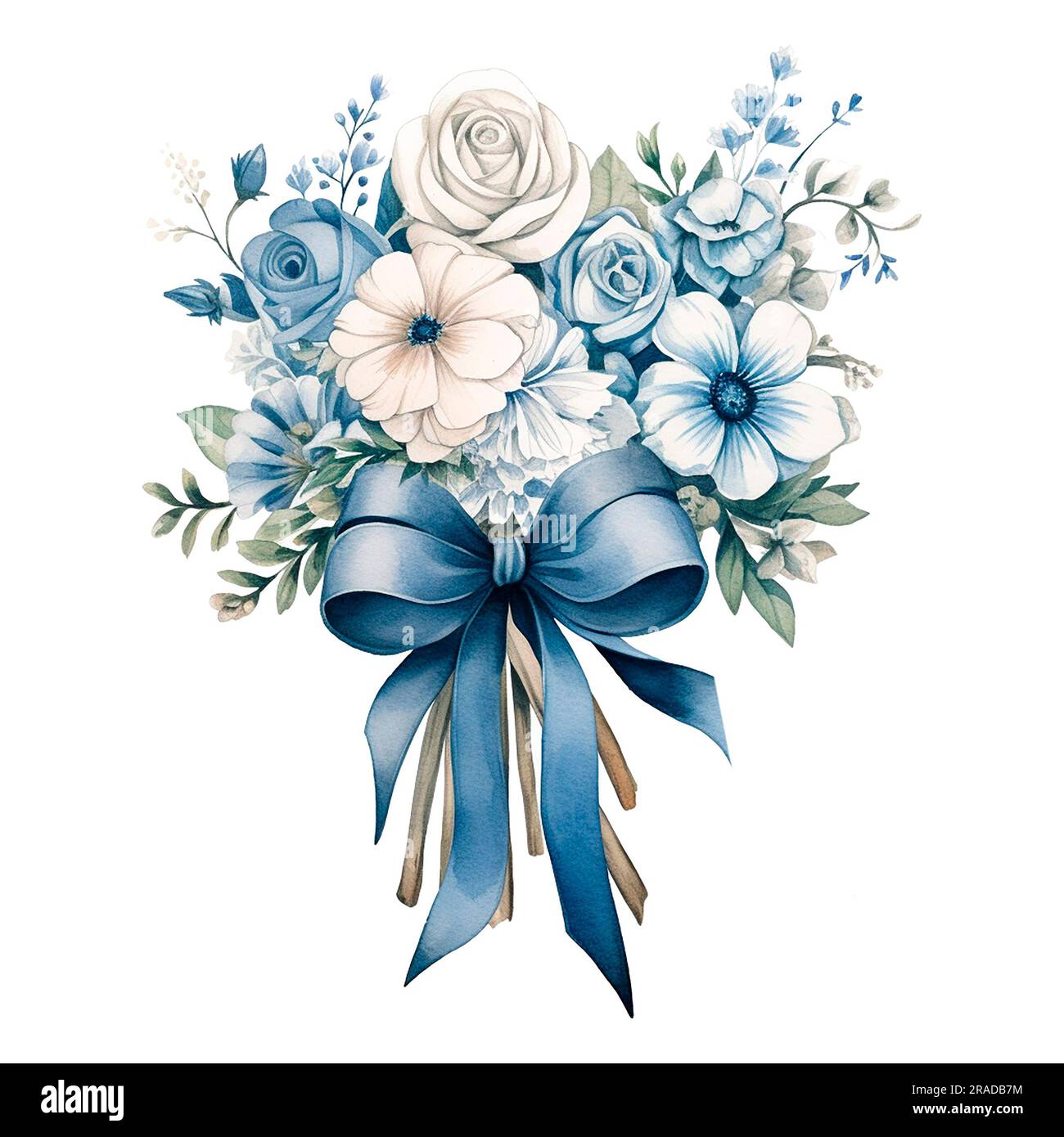 Bouquet da sposa classico blu, rosa da giardino navy, fiori bianchi. Stile floreale ad acquerello. Isolato Foto Stock