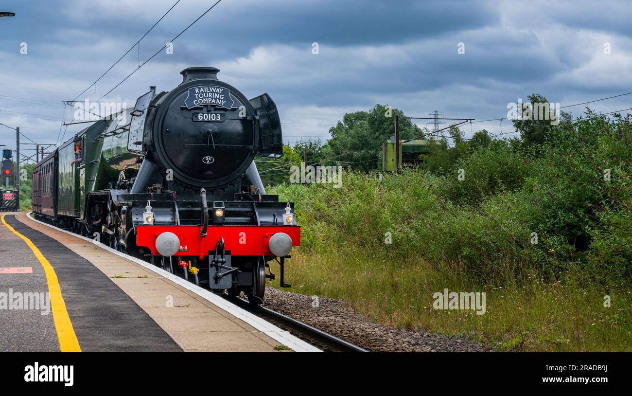 Il famoso treno a vapore Flying Scotsman arriva alla stazione ferroviaria di Grantham mentre viaggia da Londra Kings Cross a Edimburgo come parte della celebrazione del centenario a livello nazionale Foto Stock
