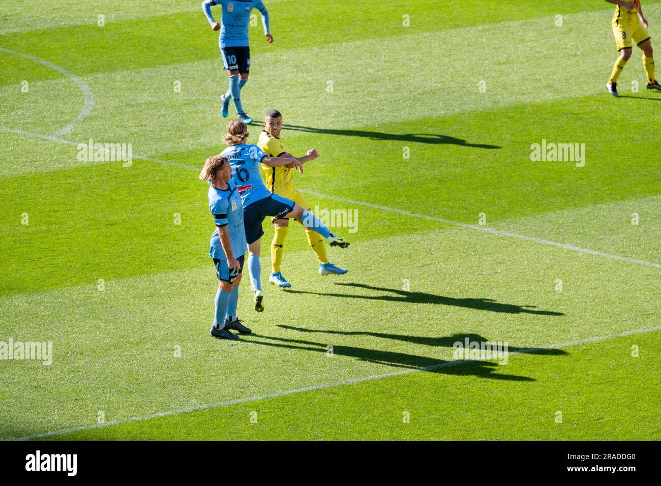 Grant e Brattan di Sydney clearsunder pressure – Wellington Phoenix contro Sydney nella A-League al Wellington Regional Stadium il 21 dicembre 2019 Foto Stock