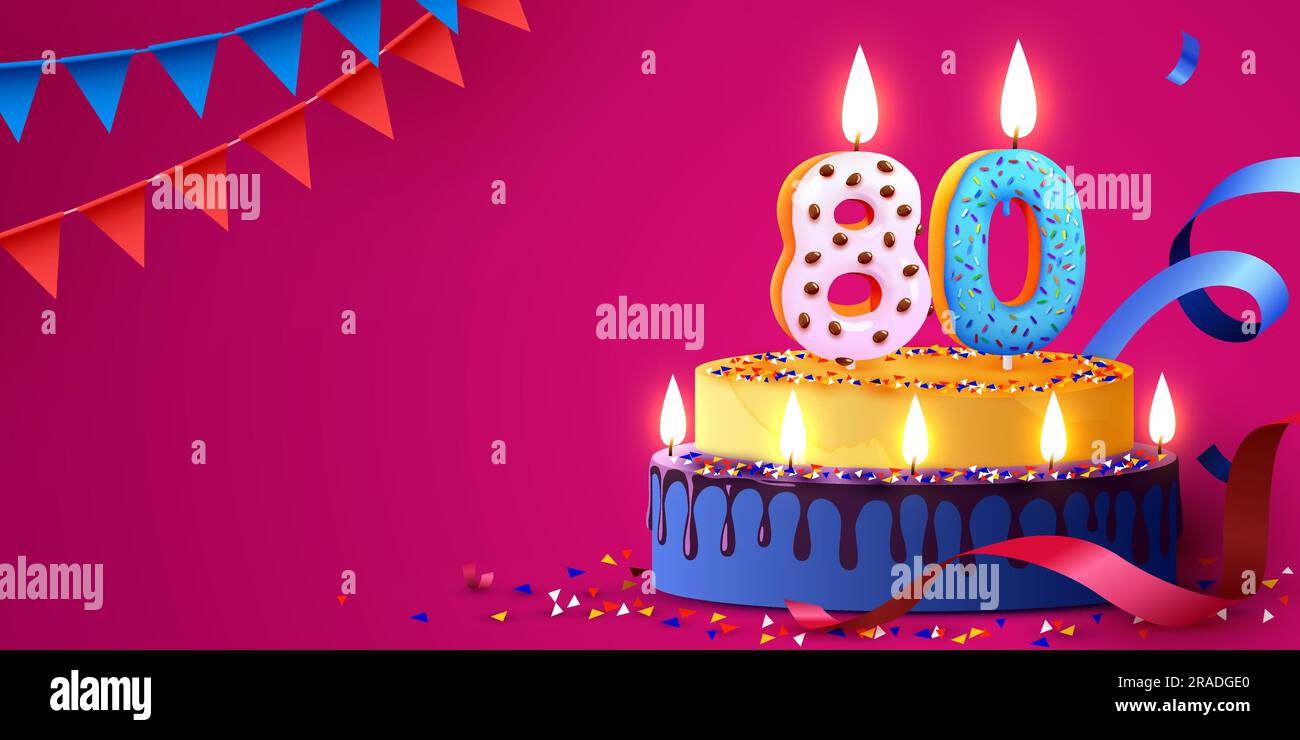 BIGLIETTO AUGURI compleanno 80 ANNI con torta e candeline
