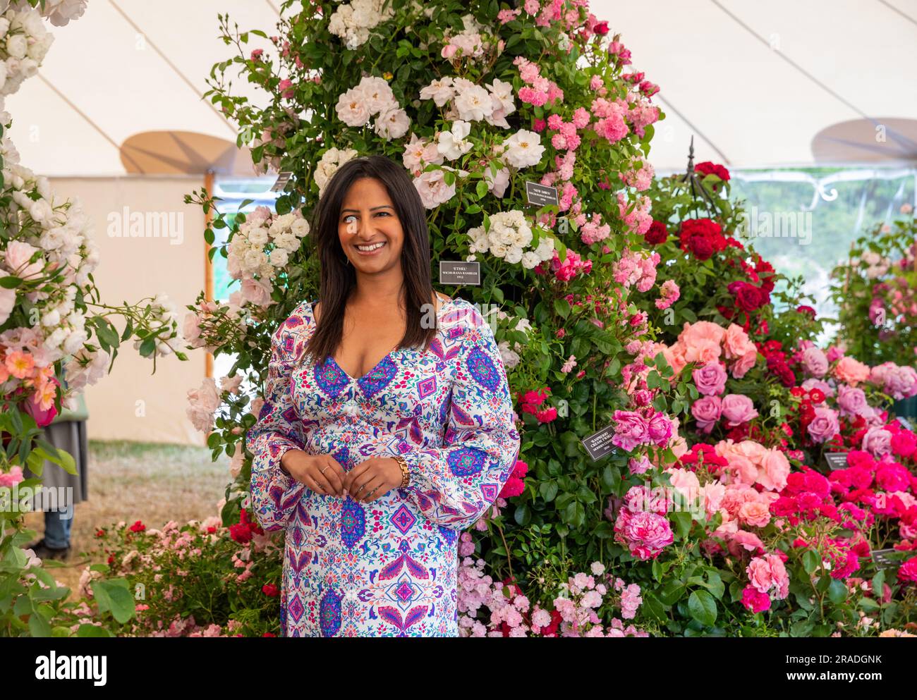 East Molesey, Regno Unito. 3 luglio 2023. Celebrità tra cui Carol Klein, Anthea Turner, Charlotte Hawkins e Ranvir Singh partecipano al RHS Hampton Court Palace Garden Festival, aperto alla stampa. Lo spettacolo di fiori, famoso in tutto il mondo, è un'esperienza affascinante, divertente e istruttiva, alla quale partecipano molte celebrità. Ci sono molti giardini, esposizioni floreali, tendoni tutti adagiati nei magnifici terreni del Palazzo di Hampton Court. Crediti: Keith Larby/Alamy Live News Foto Stock