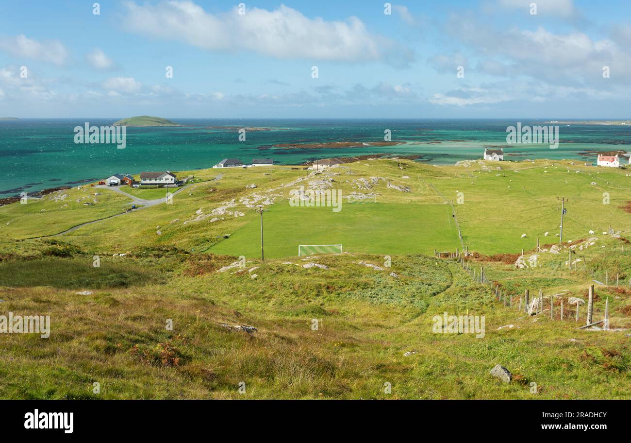 Campo da calcio Eriskay, Eriskay Island, Ebridi esterne, Scozia, Regno Unito, Europa Foto Stock