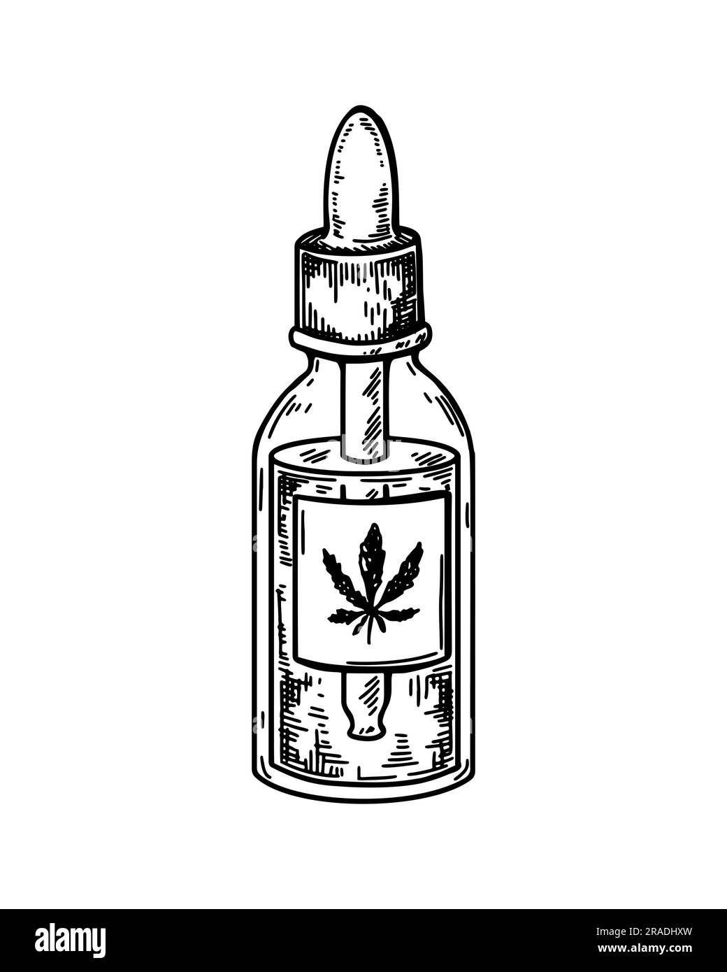 Bozzetto di olio cbd di cannabis. Disegno del prodotto di marijuana. Illustrazione vettoriale realistica disegnata a mano in stile di schizzo Illustrazione Vettoriale