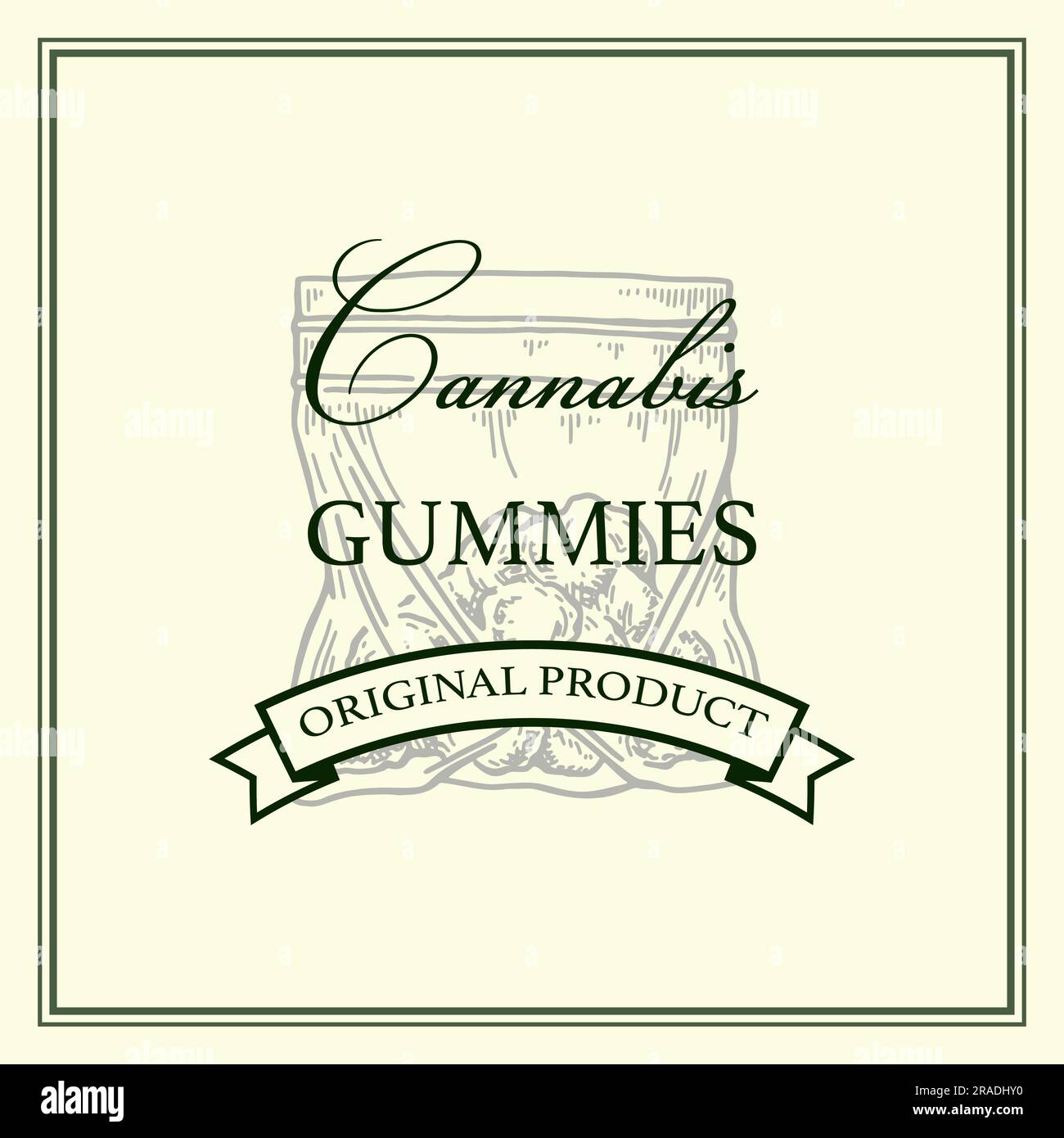 Design della confezione di prodotti a base di cannabis. Modello logo marijuana con elementi disegnati a mano. Illustrazione vettoriale nello stile di schizzo. Illustrazione Vettoriale