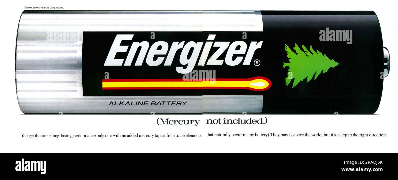 Pubblicità sulle batterie AA al litio Energizer su una rivista 1993 Foto Stock