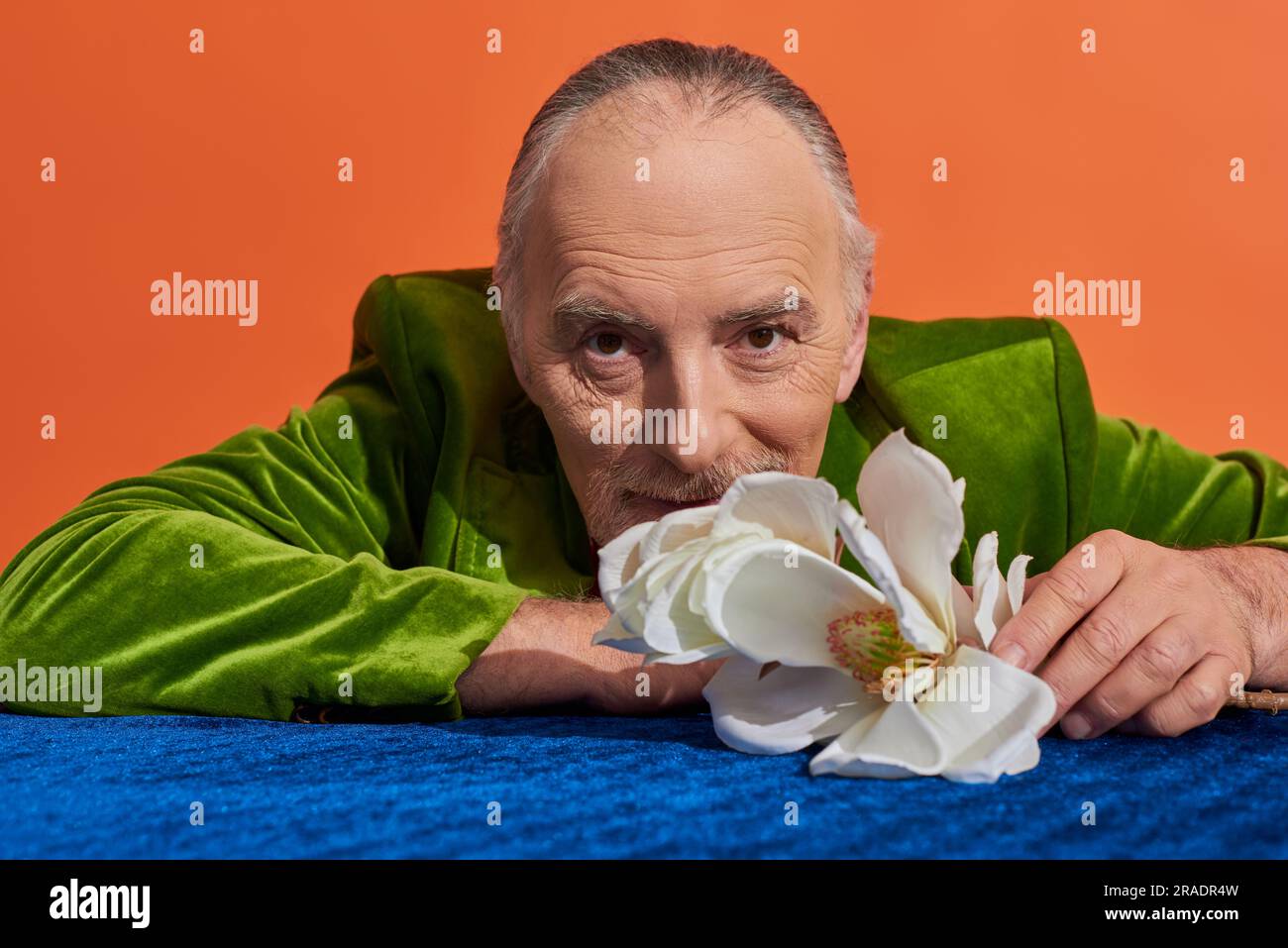 stile di vita positivo, uomo dai capelli grigi in velluto verde che sorride davanti alla fotocamera vicino al fiore di orchidee bianco su un panno di velluto blu su un'arancia vivace Foto Stock